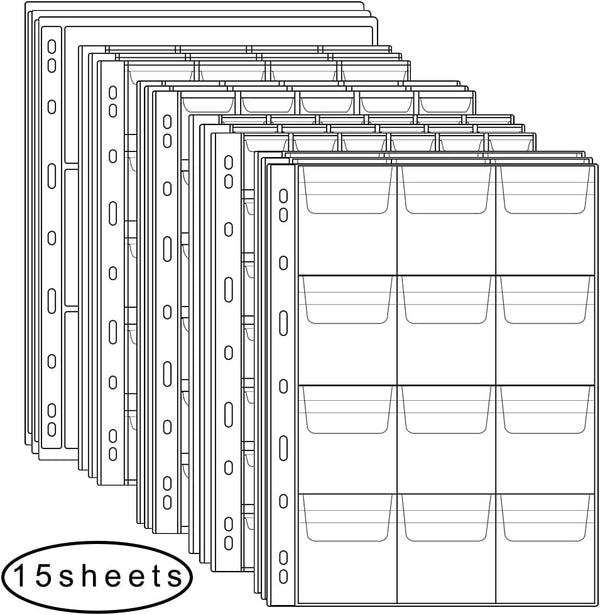 15 Sheets Plastic Coin 9-Hole 5 Sizes Pocket Pages Standard Coin Currency Money Pocket Inserts Collecting Sleeves for Coin Stickers Currency