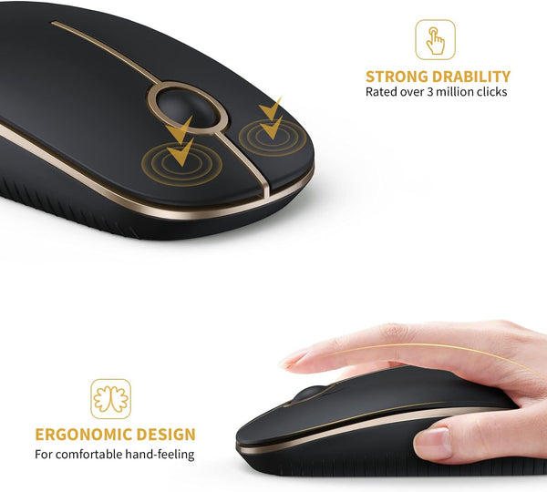 Vssoplor Wireless Mouse, 2.4G Slim Portable Computer Mice with Nano Receiver for Notebook, PC, Laptop, Computer (Black and Gold)