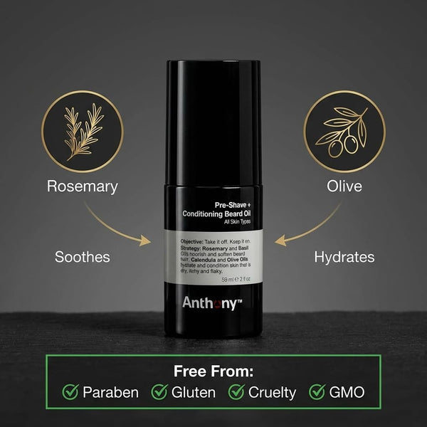 Anthony Pre-Shave and Conditioning Beard Oil, 2 Fl Oz, Contains Rosemary, Basil, Olive and Calendula Oils, Hydrates, Softens, Nourishes, and