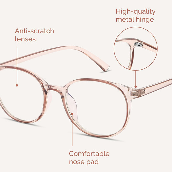 miyya Blue Light Blocking Glasses Women, Fashion Round Transparent Anti Blue Light Glasses with Anti Eyestrain & UV Glare *Flesh Pink Clear