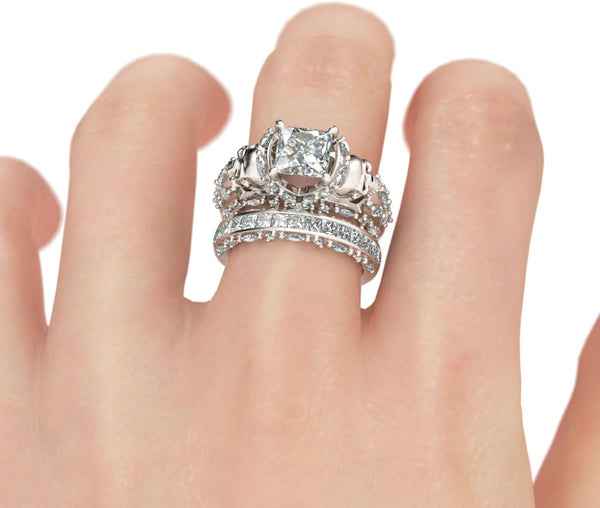 Jeulia Skull Engagement Ring Sets Sterling Silver Promise Eternity Band Rings Diamond Princess Cut with Cubic Zirconia Wedding Engagement