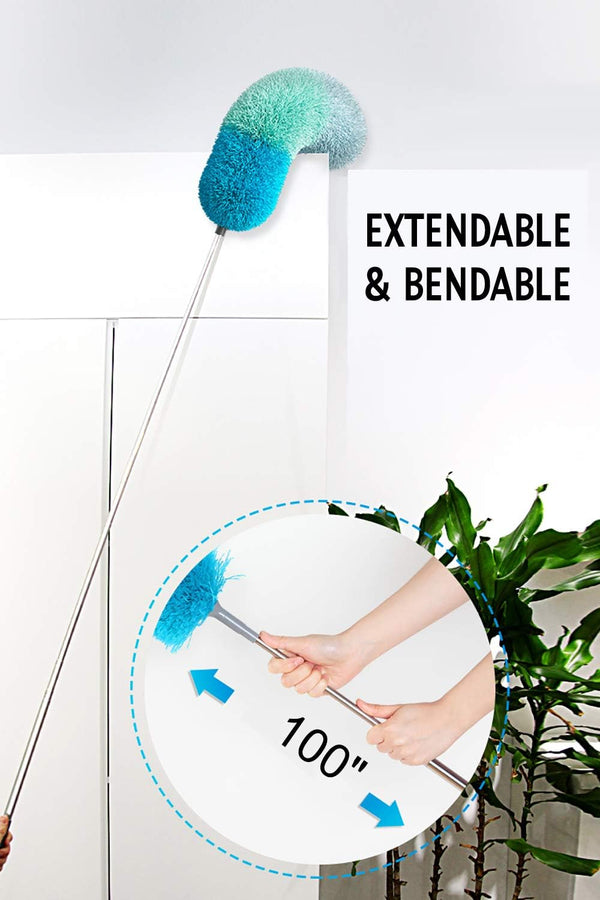BOOMJOY Microfiber Feather Duster with 100 inches Extension Pole, Dusters for Cleaning High Ceiling, Fan, Blinds, Furniture Green