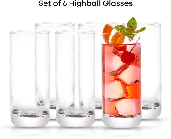 JoyJolt Faye 13oz Highball Glasses, 6pc Tall Glass Sets. Lead-Free Crystal Drinking Glasses. Water Glasses, Mojito Glass Cups, Tom Collins Bar