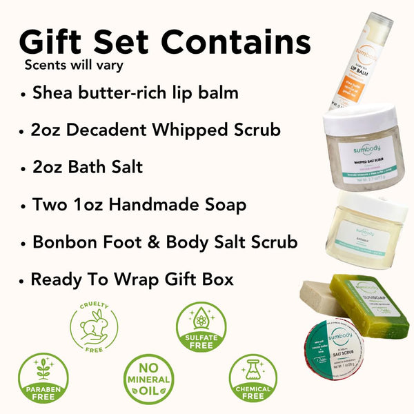 Sumbody USA Made Mini Self Care Gift Set - (6pcs) Men, Women, Teens, All Natural Aromatherapy Body Care Set Skin Care Box, Spa Baskets,