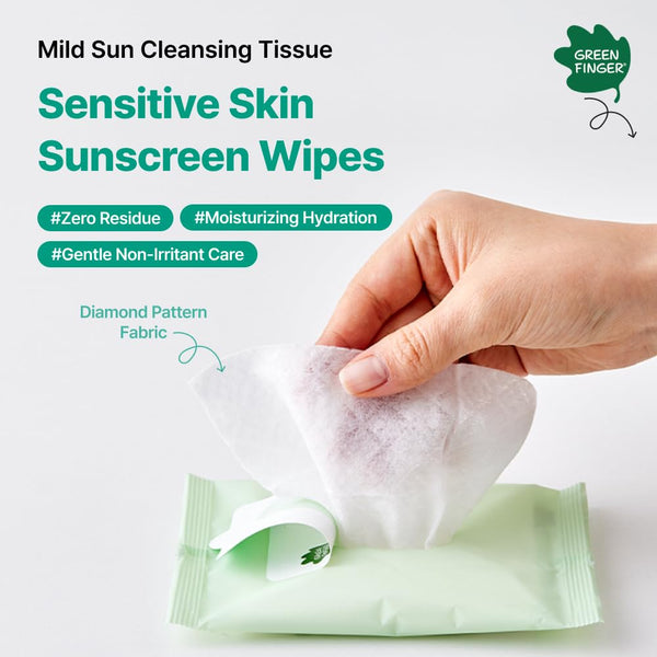GREEN FINGER Mild Sun Cleansing Tissue 30 Count (6 Packs of 5), Gentle Baby Wipes for Sensitive Skin, Removes Sunscreen Easily, Natural Organic