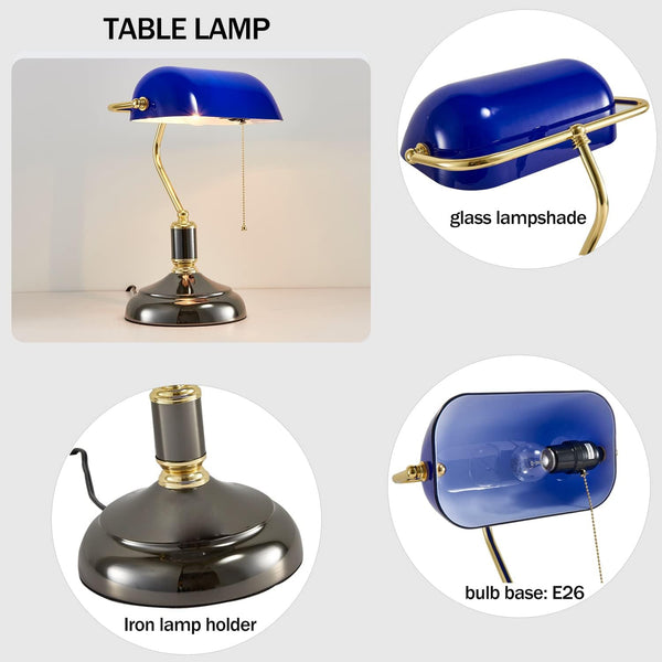 Traditional Bankers Lamp, Handmade Emerald Blue Glass Shade,with Pull Chain Switch Plug in Fixture,Vintage Office Table Light, Antique Style Desk
