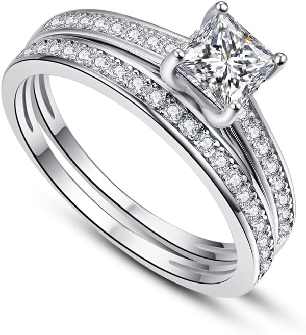 AVECON 1.35ct Princess Cut Engagement Ring 925 Sterling Silver Wedding Band Set for Women Cubic Zirconia Bridal Sets Size 5-10 Silver 8