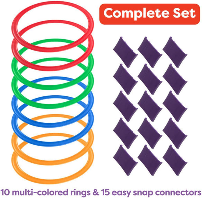 Hey! Play! Hopscotch Ring Game-10 Multi-Colored Plastic Rings and 15 Connectors 