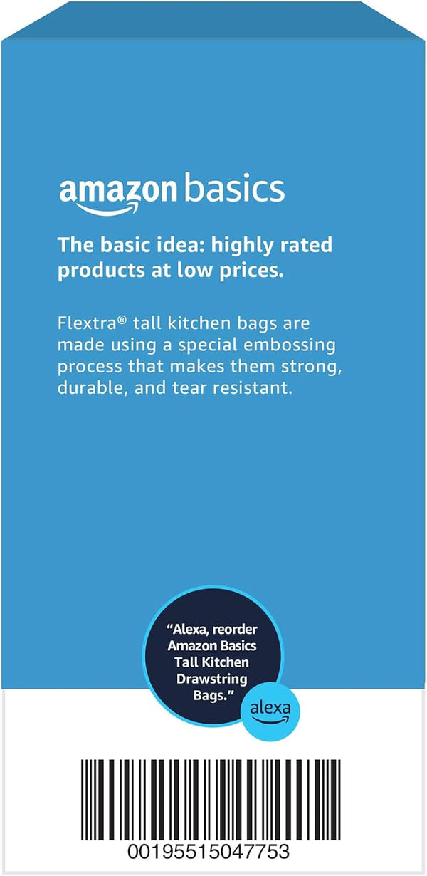 Amazon Basics 13 Gallon Tall Kitchen Drawstring Trash Bags, Flextra Strength, Clean Fresh Scent, Tear Resistant, 0.9 mil Thickness, 10% Post