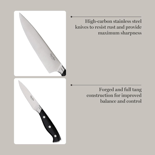 Martha Stewart Greeley Forged High Carbon Stainless Steel 14 Piece Knife Block Set, Black Kitchen Knife Set with Acacia Wood Block, Chef Knife,