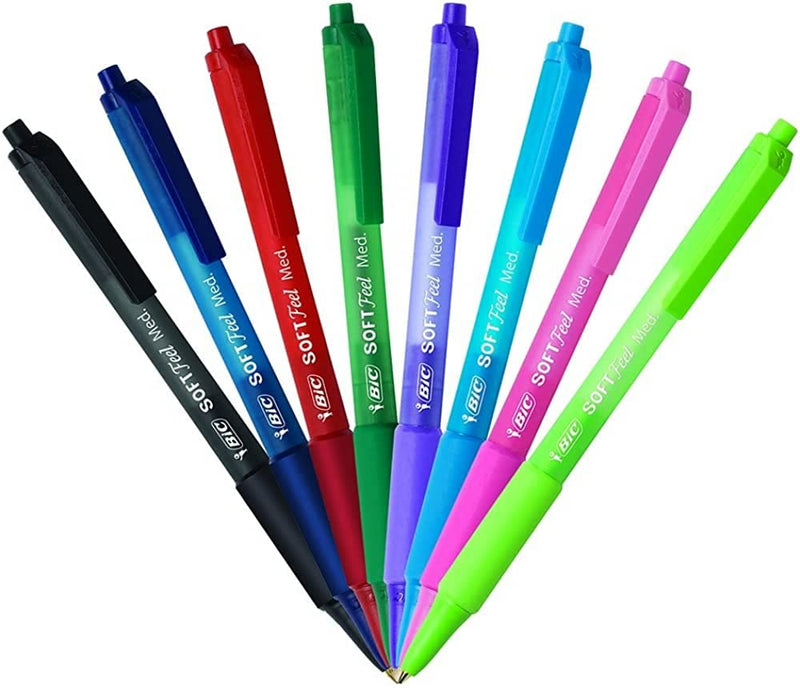 BIC Soft Feel Fashion Retractable Ball Point Pen Medium, Assorted, 12 Pack 12 Count (Pack of 1)