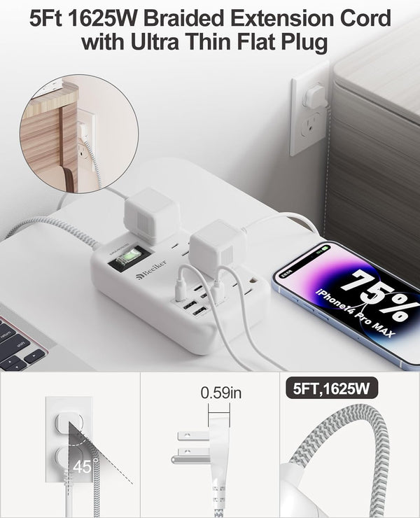 6 USB Travel Power Strip,4 Outlets,5Ft Extension Cord,Surge Protector,13A | 2 USB C,6 USB Charging Station,5Ft Braided Extension Cord,Surge