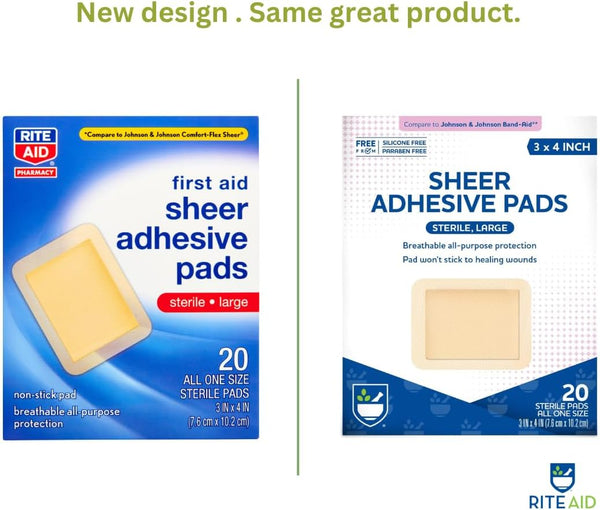 Rite Aid Sheer Adhesive Bandages with Sterile Non Stick Pad, 3" x 4" - 20 Count | Wound Care/First Aid Supplies | Bandage Wrap | Medical Tape for