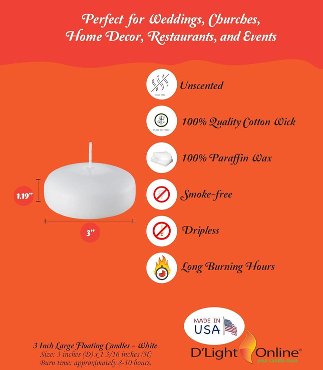 D'Light Online Large White Floating Candles 3 Inch Wax Discs for Events, Weddings, Spa, Home Decor, Special Occasions, C