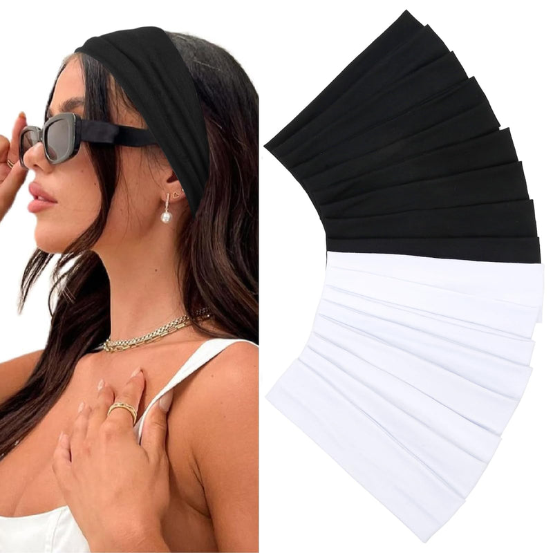 Elastic Headbands 16 Pack - Women's Soft Fabric Non-Slip Sweat Bands for Yoga, Running, Sports, and Hair Accessories - Black White Thick Bands
