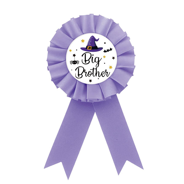 Halloween Big Brother Tinplate Badge Pin, Brother To Be Button Pin, Witch Birthday Boy Award Ribbon, Purple Rosette Badge for Baby Shower,