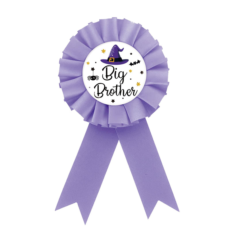 Halloween Big Brother Tinplate Badge Pin, Brother To Be Button Pin, Witch Birthday Boy Award Ribbon, Purple Rosette Badge for Baby Shower,