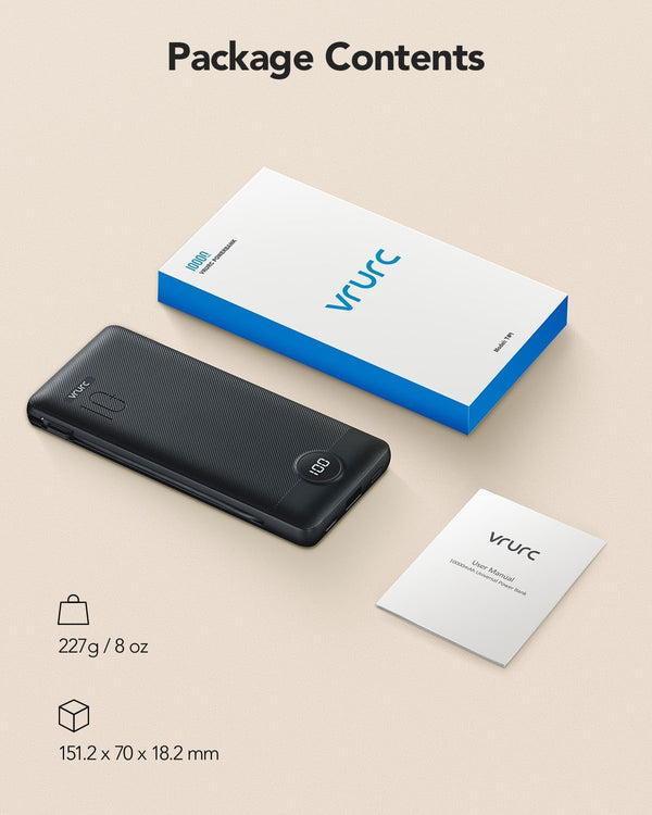 VRURC Portable Charger Built-In Cables and AC Wall Plug, USB C Power Bank 10000Mah, Travel Essentials Phone Charger Compact Lightweight External