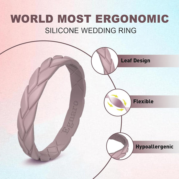 Egnaro Silicone Wedding Rings for Her, Women'S Rubber Bridal Sets Thin Bands, Stackable Leaves Braided Design with Breathable Grooves Workout