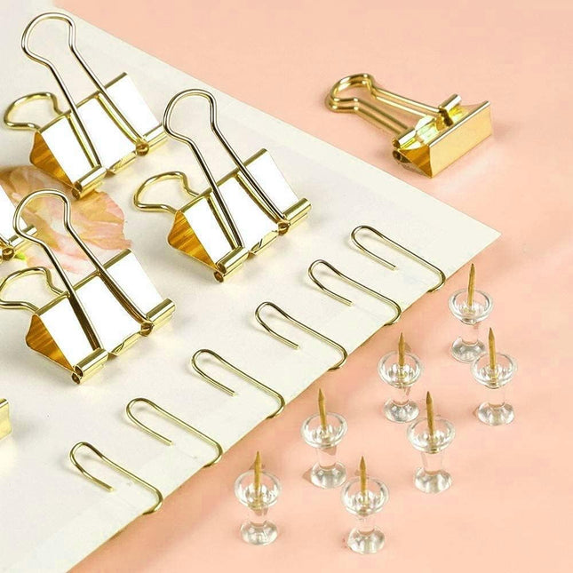 Gold Paper Clips and Binder Clips Set, Metal Assorted Sized Binders with Push Pi