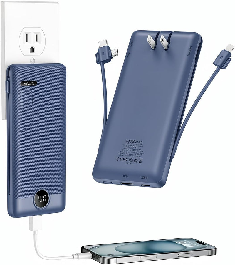 VRURC Portable Charger Built-In Cables and AC Wall Plug, USB C Power Bank 10000Mah, Travel Essentials Phone Charger Compact Lightweight External