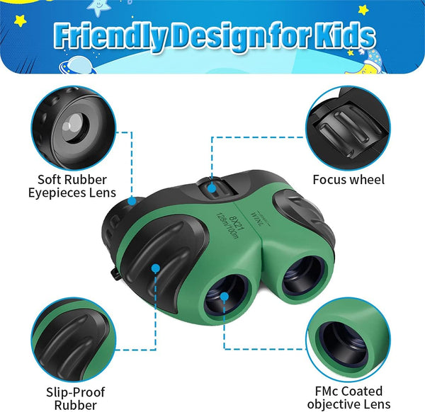 Easter Gifts for 3-12 Years Old Boys, VNVDFLM Compact 8x21 Shock Proof Green Binoculars for Bird Watching Kids Telescope for Teens Toys for 5-10