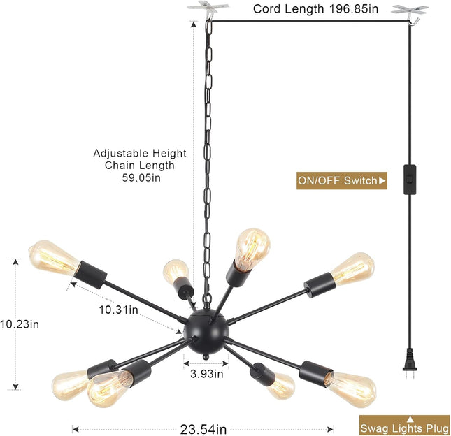 8 Lights Plug in Chandelier Sputnik Ceiling Light Fixture Black Hanging Lights with Plug in Cord 16.4ft Sputnik Chandeli