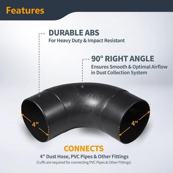 POWERTEC 70105 4" Elbow Dust Hose Connector, Black, 4", 90 Degree Elbow