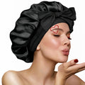 Silk Bonnet for Sleeping Women, Ajustable Hair Bonnet for Curly Hairs Satin Bonnet Reduce Friction Prevent Frizz Black，Large Large Black