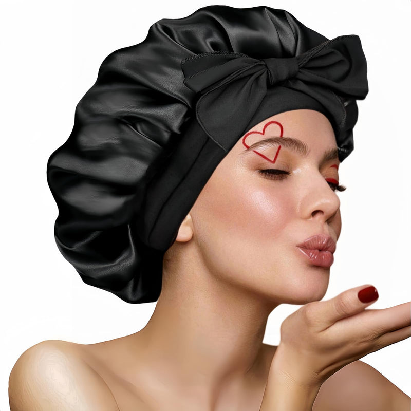 Silk Bonnet for Sleeping Women, Ajustable Hair Bonnet for Curly Hairs Satin Bonnet Reduce Friction Prevent Frizz Black，Large Large Black