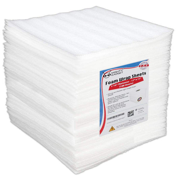 Mighty Gadget 100-Pack Foam Packing Sheets, 12" x 12" (1/16" Thick) Polyethylene, Pre-Cut Non-Abrasive Cushioning for Moving Shipping Storage,