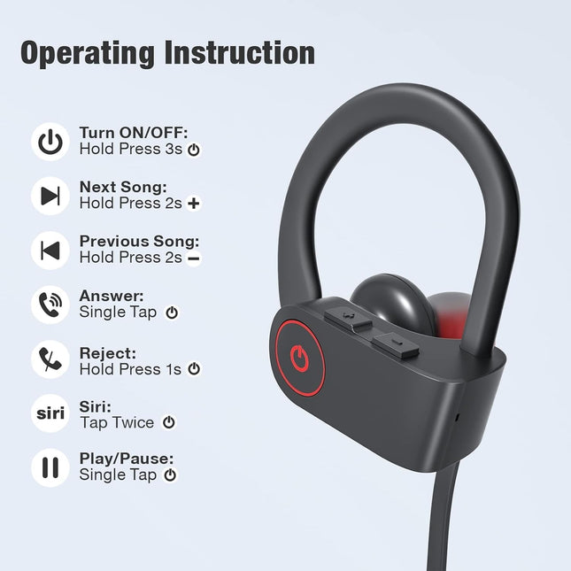 Bluetooth Wireless Headphones 16H Playtime Earbuds with Mic Stereo In-Ear Earphones, IPX7 Waterproof Sports Sound Isolat