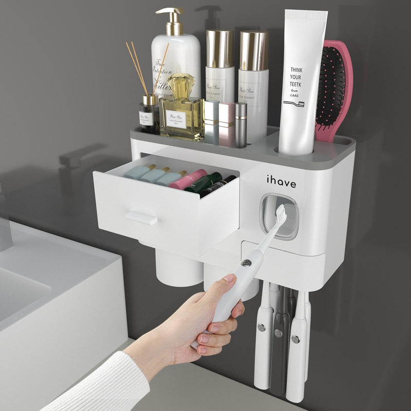 iHave Toothbrush Holders for Bathrooms, 2 Cups Toothbrush Holder Wall Mounted with Toothpaste Dispenser - Large Capacity Tray, Cosmetic Drawer -