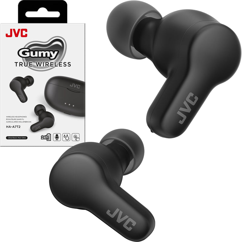 JVC Gumy HAA7T2B True Wireless Earbuds, Black | Bluetooth 5.3, 24-Hour Playback, IPX4 Water Resistant, XS/S/M/L Earpieces, Built-in Mic Black Compact