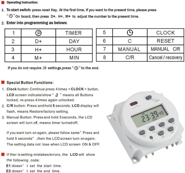 Baomain Time Switch Relay,Digital LCD Programmable Timer,110V AC Input,200-250V 16A Output,28 Programs Daily/Weekly Schedule,CN101A for Lighting
