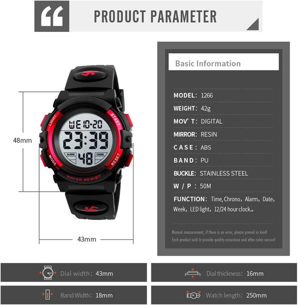 Dayllon Kids Digital Watch Boys Outdoor Sports 50M Waterproof Girls Watches Alarm Clock 12/24 H Stopwatch Calendar for Ages 3-15 Boy Girl