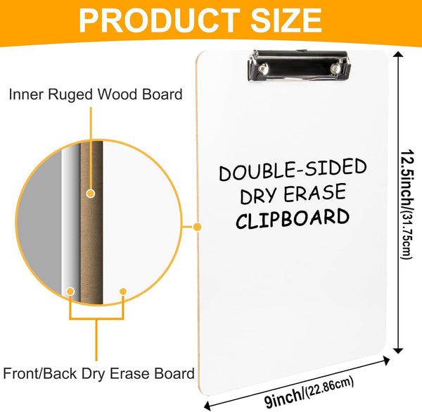 Dry Erase Wood Clipboard, Hardboard Clip Board 8.5X11 for Classroom, Students, Kid, Size 9" X 12.5", Double-Sided White Board, with Low Profile