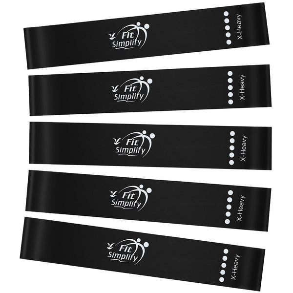 Fit Simplify Resistance Loop Exercise Fitness Bands with Instruction Guide and Carry Bag, Set of 5 Black