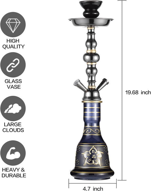 20" Hookah set - 2 Hose Premium Shisha Hookah Kit with Glass Vase, Ceramic Bowl and Coal Tongs Ashtray for Better Shisha Narguile Smoking (Black)