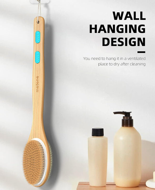 Metene Shower Brush with Soft and Stiff Bristles, Bath Dual-Sided Long Handle Back Scrubber Body Exfoliator for Wet or Dry Brushing 1 Count (Pack