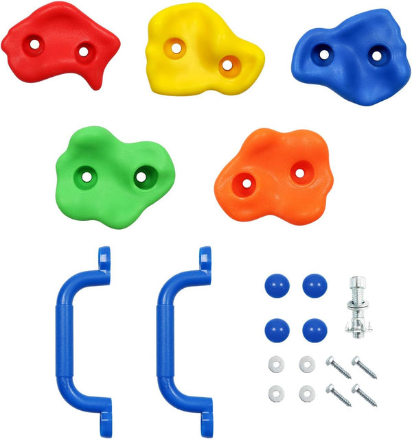 Rainbow Craft DIY Monkey Rock Climbing Holds for Kids - Wall Climbing Rocks of 20pc Rock Wall Holds, 2pc Handles & 1pc 8ft Knotted Climbing Rope -