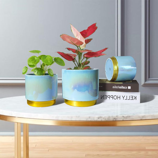 Gepege Ceramic Pots for Plants, Rainbow Pearl Glaze Planter with Drainage Hole, 6.0 Inch+5.0 Inch+4.0 Inch. Indoor-Outdoor Large round Succulent