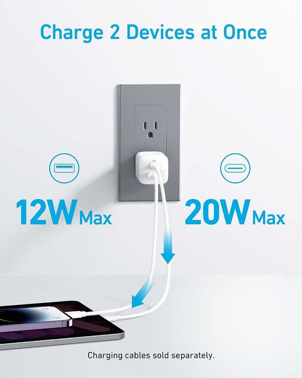 Anker 33W 2-Port Compact USB Charger Block, Foldable Type C Charger | Dual-Port for iPhone 17/16 Series, Galaxy, and More, Travel-Friendly