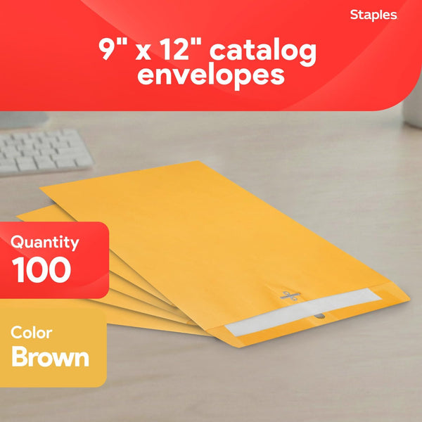 Staples 9 x 12 Kraft Clasp & Moistenable Envelopes, Brown Manila, Heavyweight Document Mailers with Metal Clasp, 100/Box 100 Pack