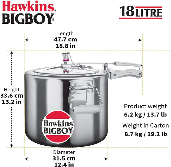Hawkins 18 Litre Bigboy Pressure Cooker, Big Inner Lid Cooker, Silver (BB18), Aluminium 19 Quarts