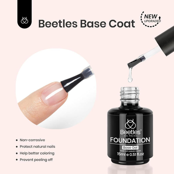 Beetles Top Coat Base Gel & Nail Glue Set-3Pcs No Wipe Top Coat Gel Nail Polish & Base Coat with 9 In 1 Nail Glue Shine Effect Long Lasting Soak