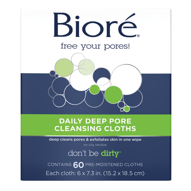 Bioré Daily Make Up Removing Cloths, Facial Cleansing Wipes with Dirt-grabbing Fibers for Deep Pore Cleansing without Oily Residue, 60 Count 60