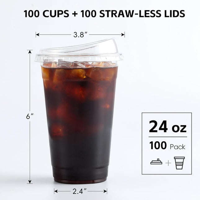AOZITA 24 Oz. - 100 Sets Crystal Clear Plastic Cups with Strawless Sip-Lids, BPA Free Disposable Plastic Cups with Lids,