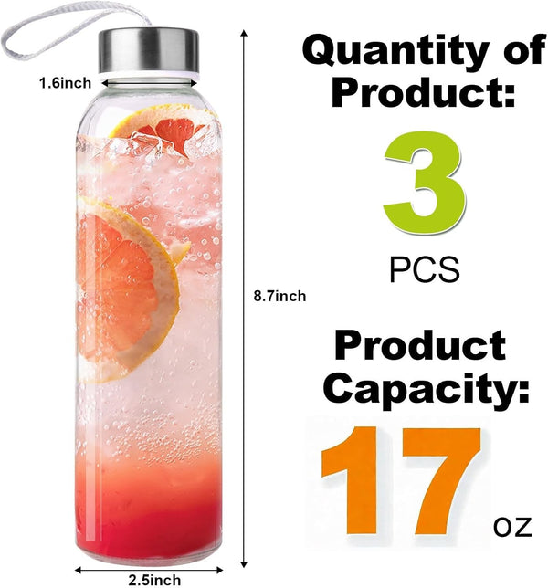 3 Packs Glass Water Bottles with Lid, Clear, 17oz | Reusable Juice Bottle with Stainless Steel Cap, Glass Cup Liquid Storage Containers for