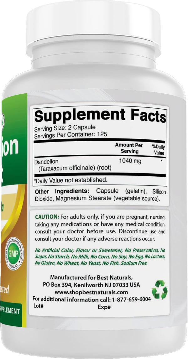 Best Naturals Dandelion Root 520 Mg 250 Capsules